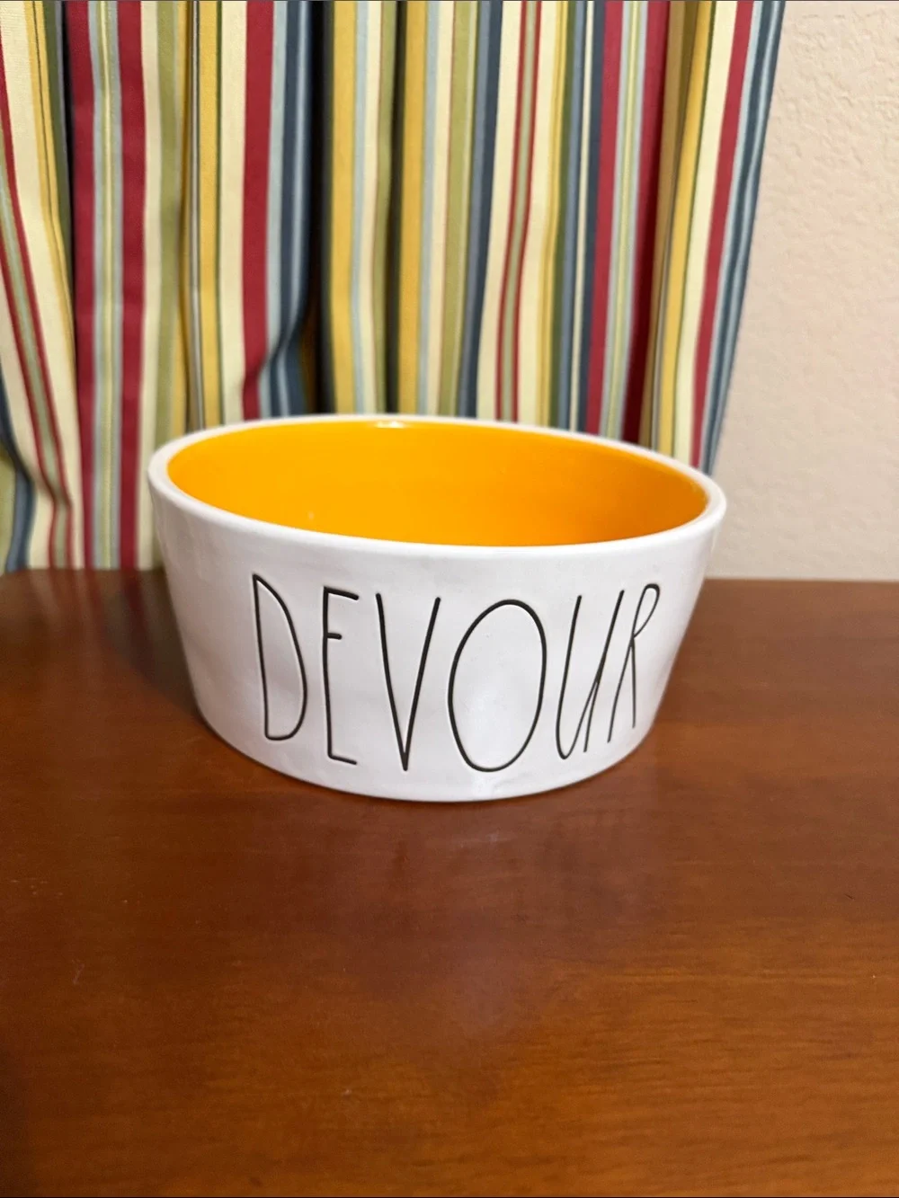 Rae Dunn White Dog Bowl with Orange Interior - 'DEVOUR'